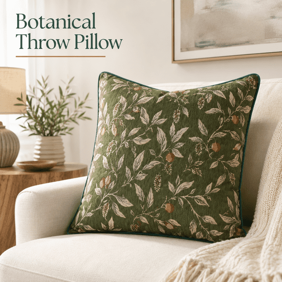 MORAVE 18 x 18 Inch Green Floral Square Throw Pillow Cover, Luxury Decorative Cushion Case for Couch Living Room Bedroom