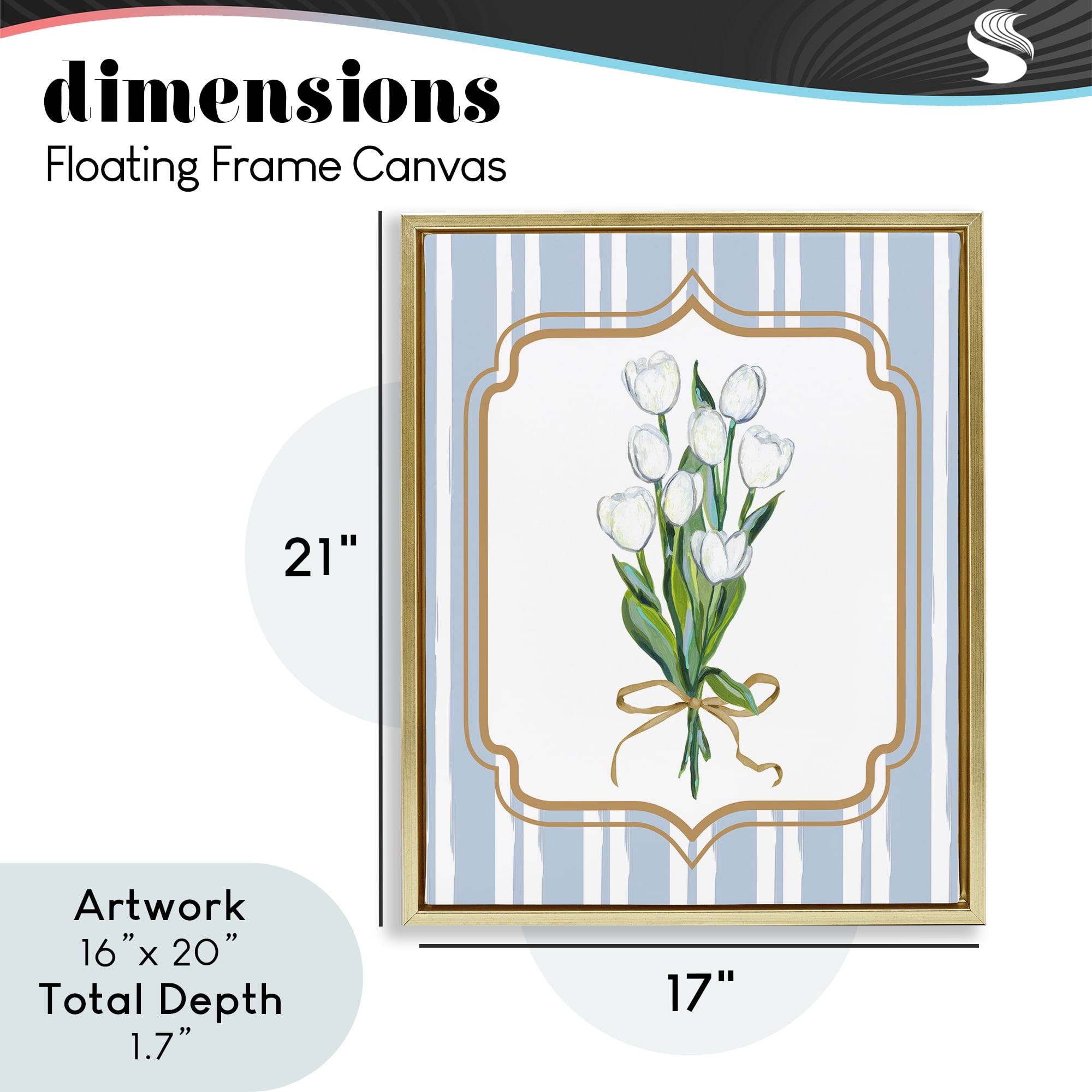 White Tulip Bouquet & Stripes Gold Framed Floater Canvas Wall Art, design by Adonna Ebrahimi