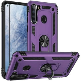 TJS Phone Case for Samsung Galaxy A21 (Not Fit Galaxy A20/Galaxy A21S), with [Full Coverage Tempered Glass Screen Protector][Impact Resistant][Metal Ring][Magnetic Support] Armor Cover (Purple)