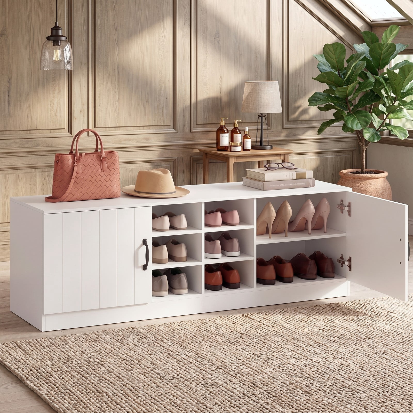 Furnibear 59 Inch 2-Door Shoe Bench Storage Cabinet with 6 Compartments and Adjustable Shelves for Entryway and Hallway, White