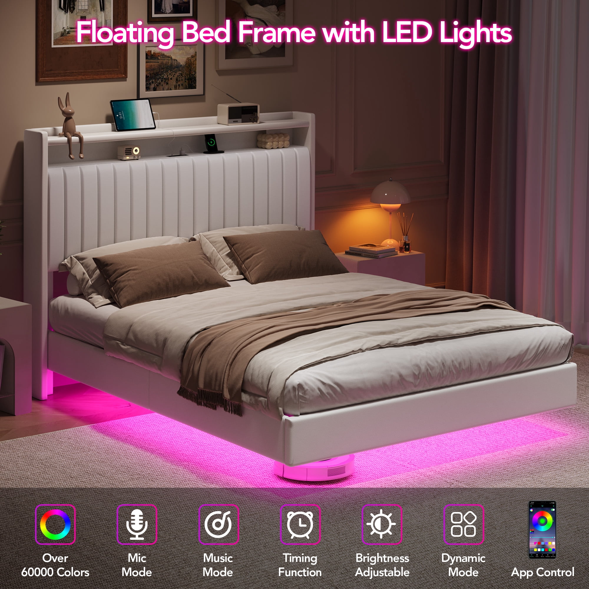 Amkui Queen Bed Frame with Upholstered Headboard, Metal Platform Bed with USB Charging Station & Storage, Floating Bed Frame with Romantic LED Lights, Easy Assembly, No Box Spring Needed