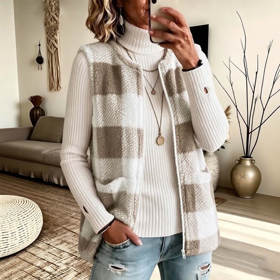 Kinrui Women's Plaid Fleece Vests Tops Zip Up Collarless Sleeveless Fall Jacket Lightweight Fuzzy Outerwear with Pockects Khaki S