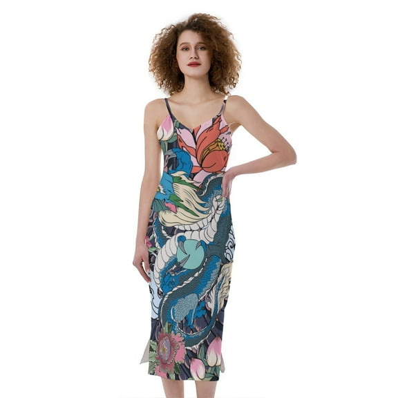 Blue Japanese Dragon Tattoo Print Slim Fit Midi Cami Dress, Dragons Fashion Summer Maxi Sexy Casual Dress For Women