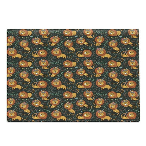 Cartoon Cutting Board, Lions Illustrations in Tribal Theme Feathers and Floral Strokes King of the Jungle, Decorative Tempered Glass Cutting and Serving Board, in 3 Sizes, by Ambesonne