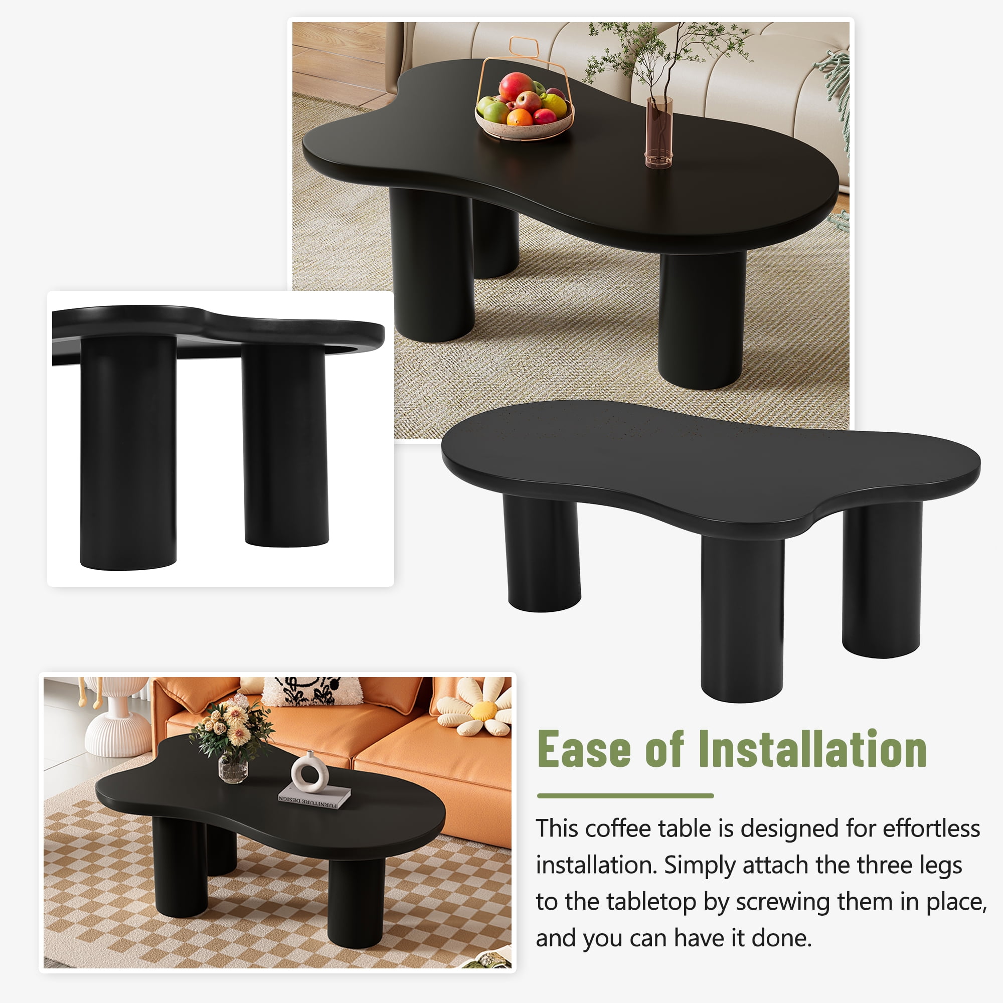 MAYEERTY 44'' x 25.9'' Easy Assembly Cloud Coffee Table with 1.5'' Thick Tabletop, Cream Style Irregular End Table with 3 Sturdy Legs, Sleek Center Table with Round Edge for Living Room, Black