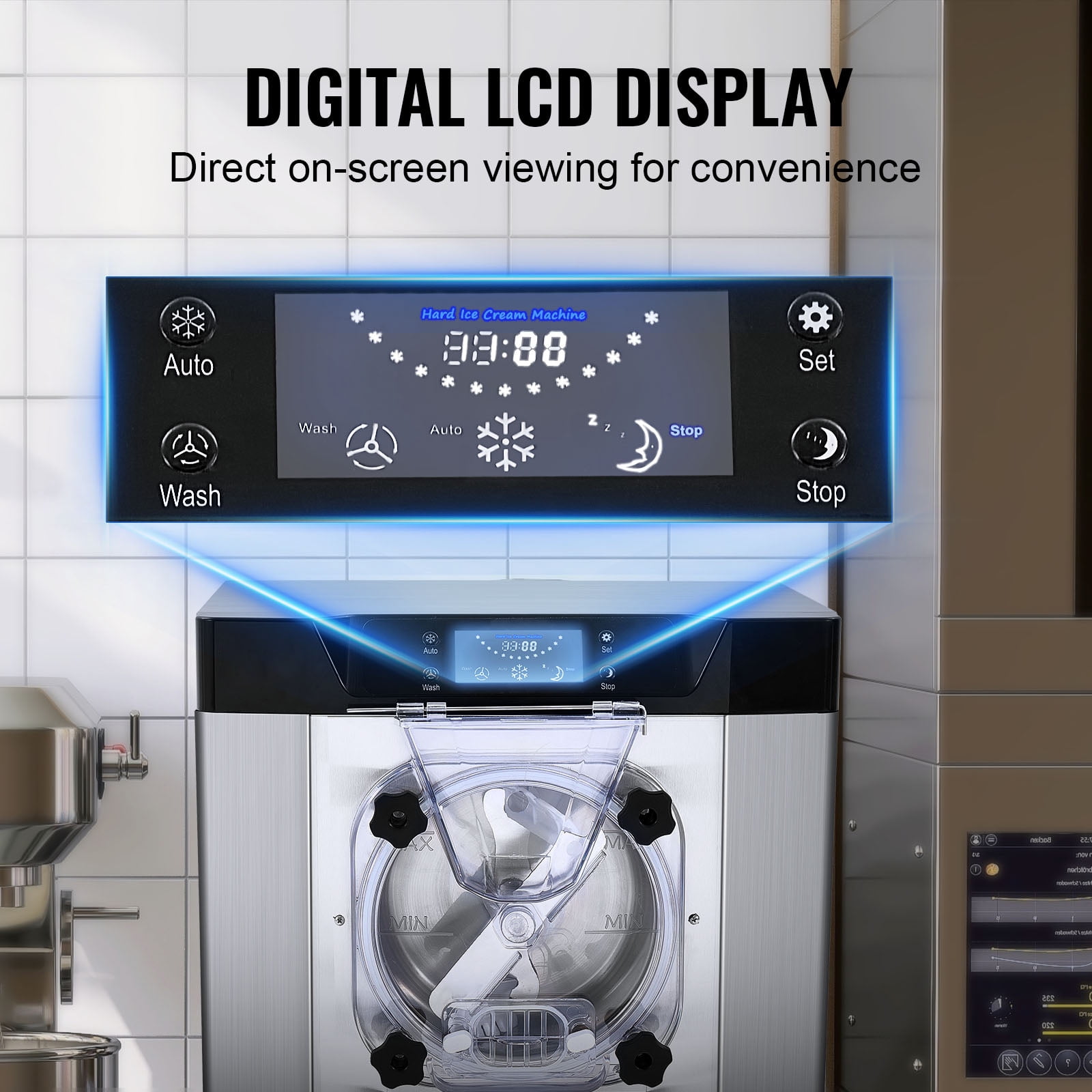 KFFKFF Commercial Ice Cream Machine, 12 L/H Output, 1713W Single Flavor Countertop Hard Serve Ice Cream Maker, 4.5L Stainless Steel Cylinder, LED Panel with Auto Cleaning and Pre-cooling Features