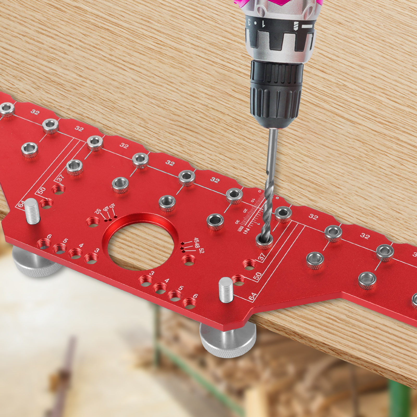 Shelf Pin Jig and Hinge Jig 2 in 1 Aluminum Alloy Cabinet Concealed Hinge Drilling Guide with 1/4 inch 5mm Drill Bits for Cabinet Door Woodworking