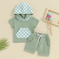 thumbnail image 2 of Bagilaanoe 2pcs Toddler Baby Boy Girl Shorts Set Short Sleeve Checkerboard Print Hooded Tops + Shorts 6M 12M 18M 24M 3T Kids Casual Summer Clothes, 2 of 6