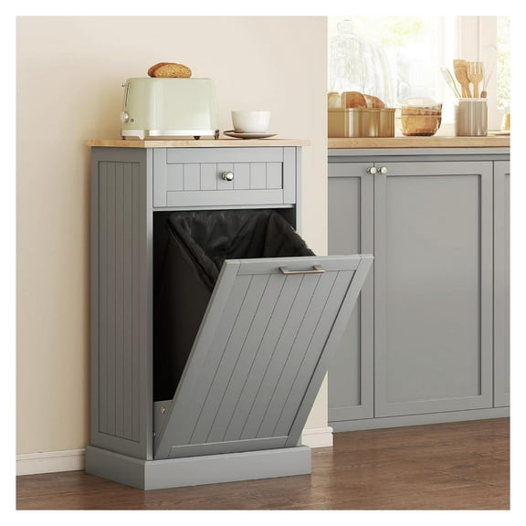 Kitchen Tilt Out Trash Bin Cabinet Free Standing Recycling Cabinet Trash Can Holder with Drawer, Gray