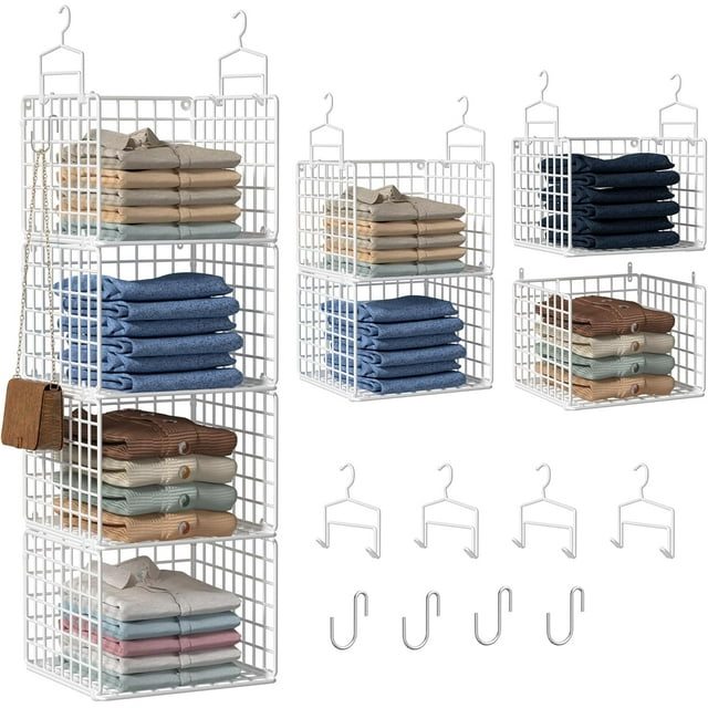 Organizador de clóset colgante con cajones, organizadores de clóset de metal de 4 niveles y almacenamiento con 4 ganchos para colgar, 4 ganchos en S para clóset, lavandería, estante de almacenamiento