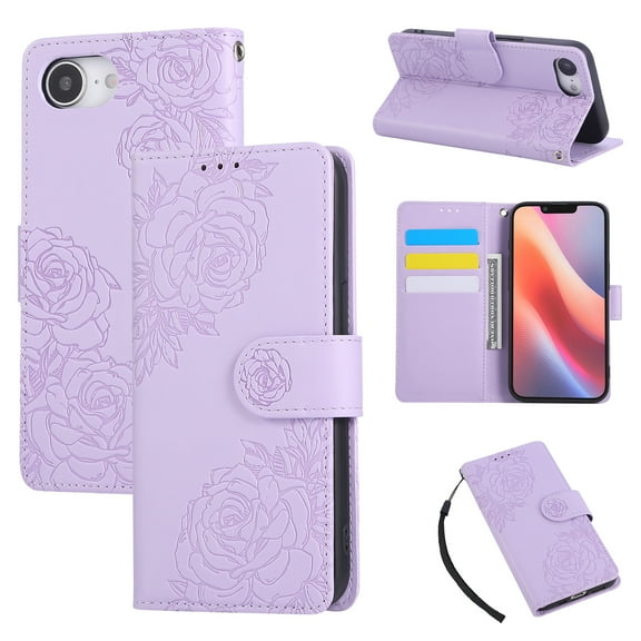 for iPhone 16e Wallet Case with Credit Card Holder, Flower Pattern Flip PU Leather Stand Shockproof Protective Phone Cover for iPhone 16e Magnetic Clasp Purse Case, Purple