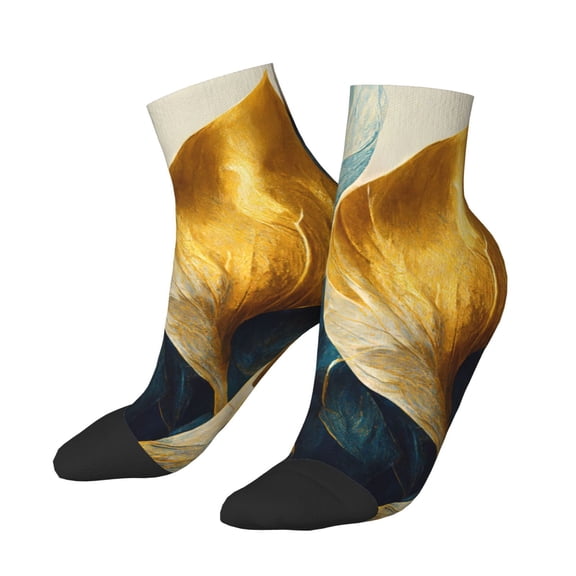 Uemuo Golden Blue Leaf Design Printed Crew Socks, Moisture-Wicking Socks, Athletic Socks for Men Breathable Cushion Socks Casual Sport Socks for Running Traveling