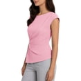 thumbnail image 3 of Qulqfy Short Sleeve Women Blouses Solid Slim Crew Neck Casual Tunic Trendy Spring Summer Pleat Women Tops Pink L, 3 of 6
