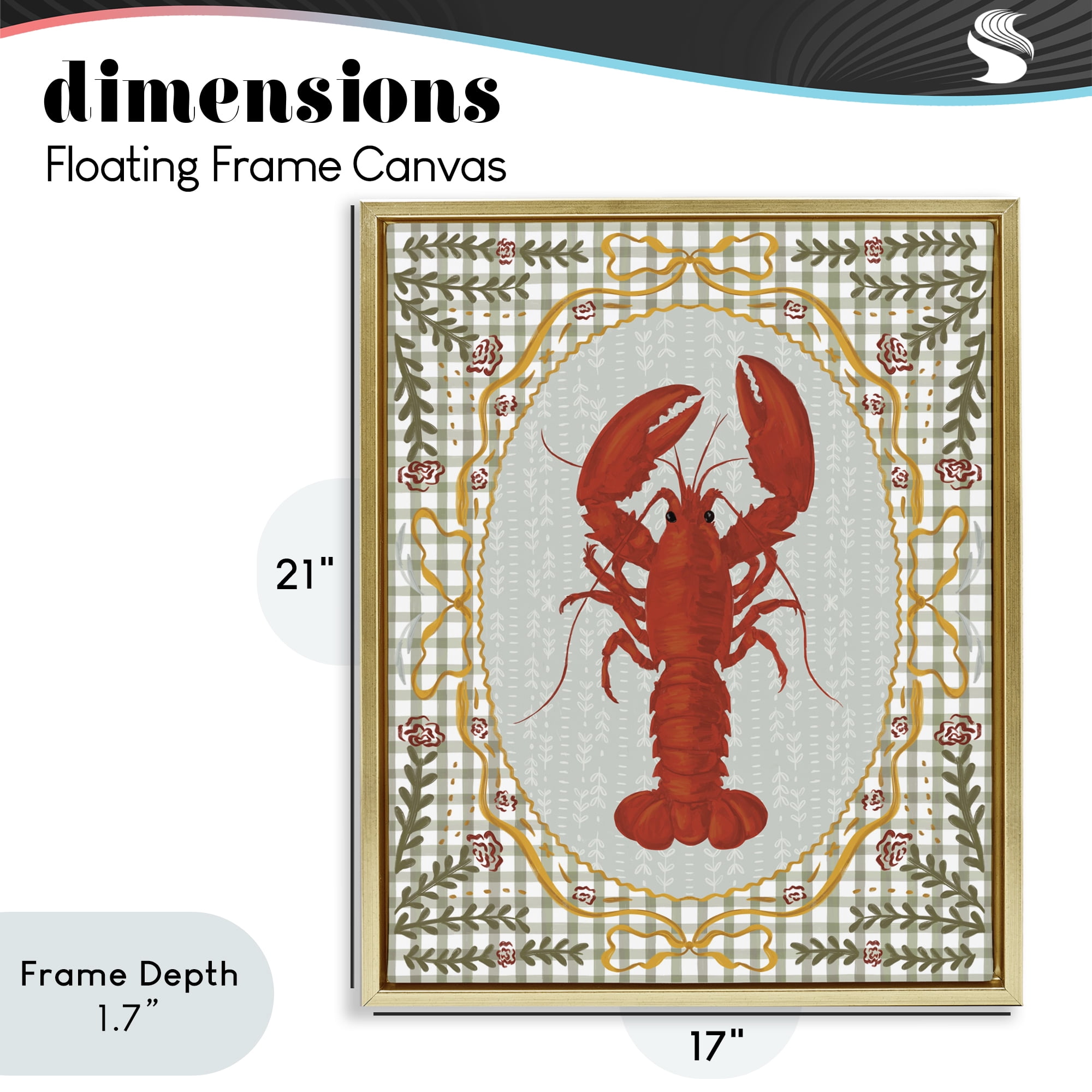 Stupell Industries Lobster with Gingham Kitchen Charm Gold Framed Floater Canvas Wall Art, design by Vero Illustrates
