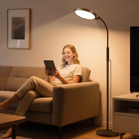 Happy Light Therapy Lamp, 11000 Lux UV-Free Floor Sun Light Lamp with Touch Remote Control, 5 Color Temperatures 10 Brightness Levels Lights for Living Room Bedroom Office