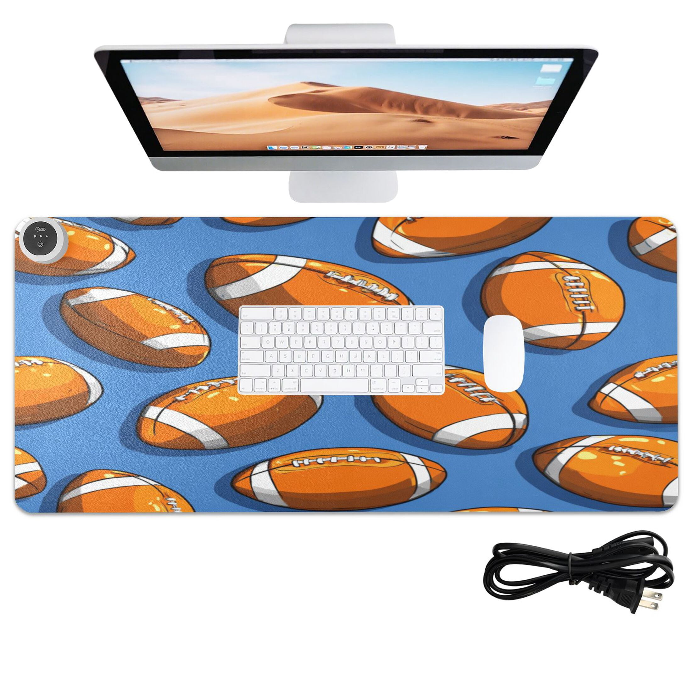 Large Heated Desk Mat Mouse Pad 31.5"x13"PU Leather Graphene Heating Desk Warmer with 3 Temperature Settings 110V US Plug Non-Slip Warm Pad for Home, Office, and Gaming Dark Blue Background Rugby