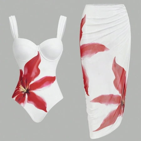 Sakmal One-Piece Swimsuits Two Piece Sets Tummy Control Red Backless Bathing Suits Full Coverage Swimsuit Sets