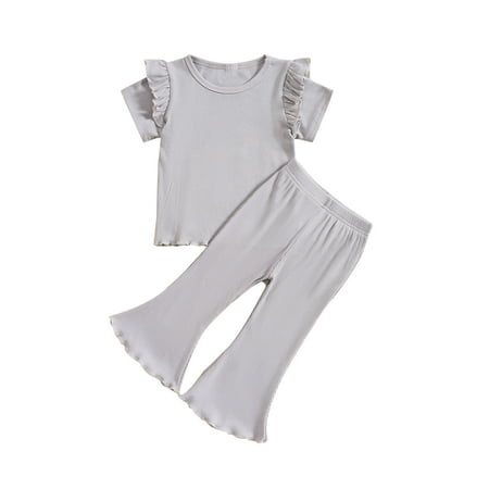 Einccm Toddler Girls 2 Piece Outfit - Kids Summer Ribbed Knit Short Sleeve Flutter Top and Flare Pants Set - Soft Cotton Casual Activewear for 12 Months to 5 Years