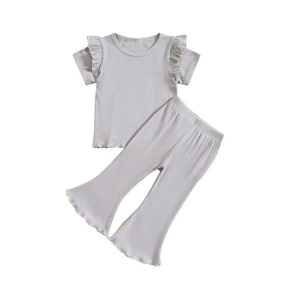 Uxgjfwu Girls Summer Outfits Plain Print Short Sleeve Tops and Pants Set Summer Clothes, Sizes 12M-5T,Gray