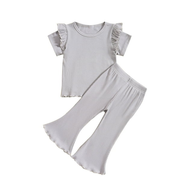Plebaso Baby Girls Solid Color Ruffled Sleeve Round Neck Tops Elastic Waist Trousers Two-Piece Set Kids Casual Clothes