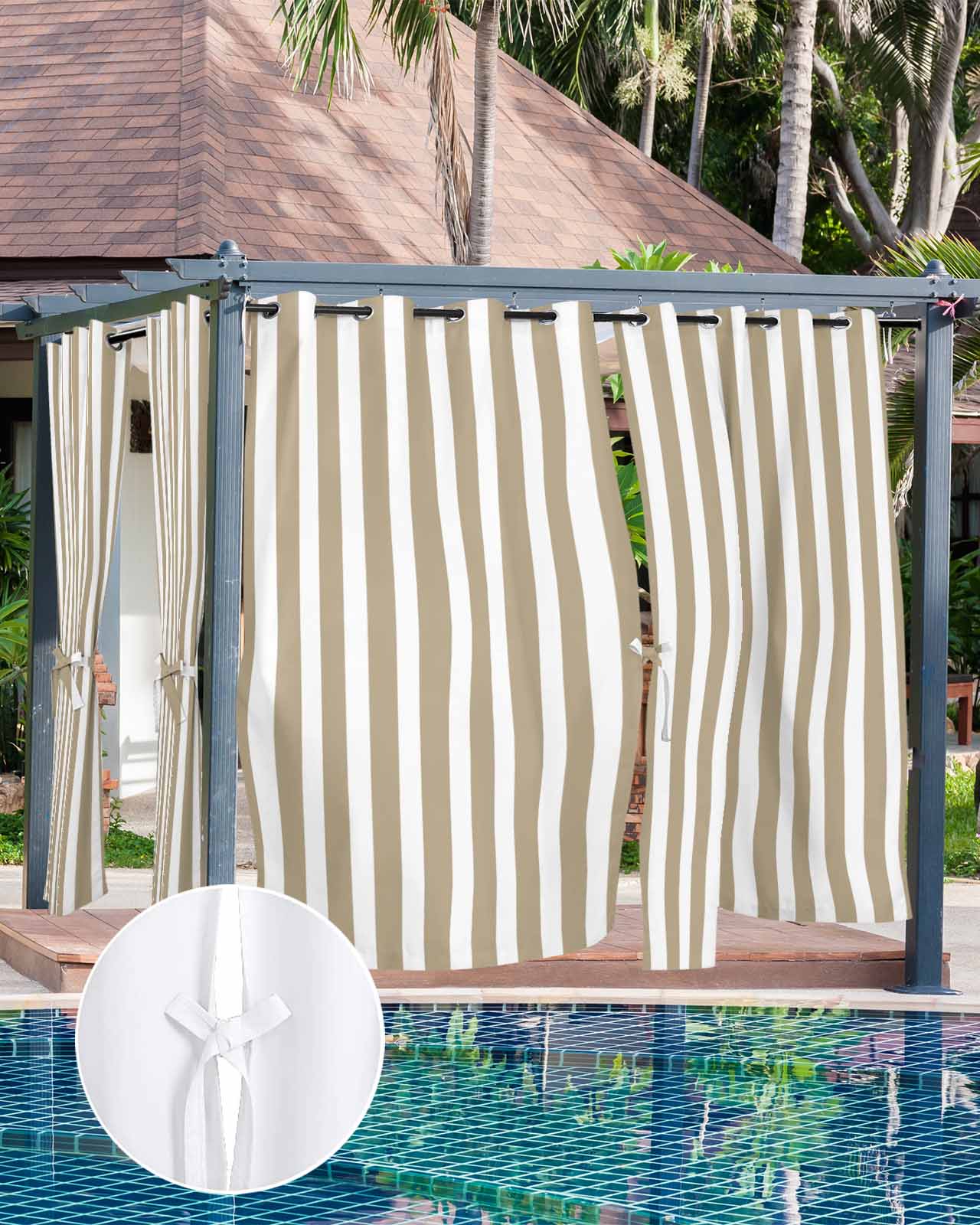 nqOlkjepod Outdoor Curtains for Patio Waterproof, Beige Striped Outdoor Privacy Panels Grommet, Modern Farmhouse Beige White Stripes Blackout Outside Curtains for Porch/Cabana 54"x95", 1 Panel