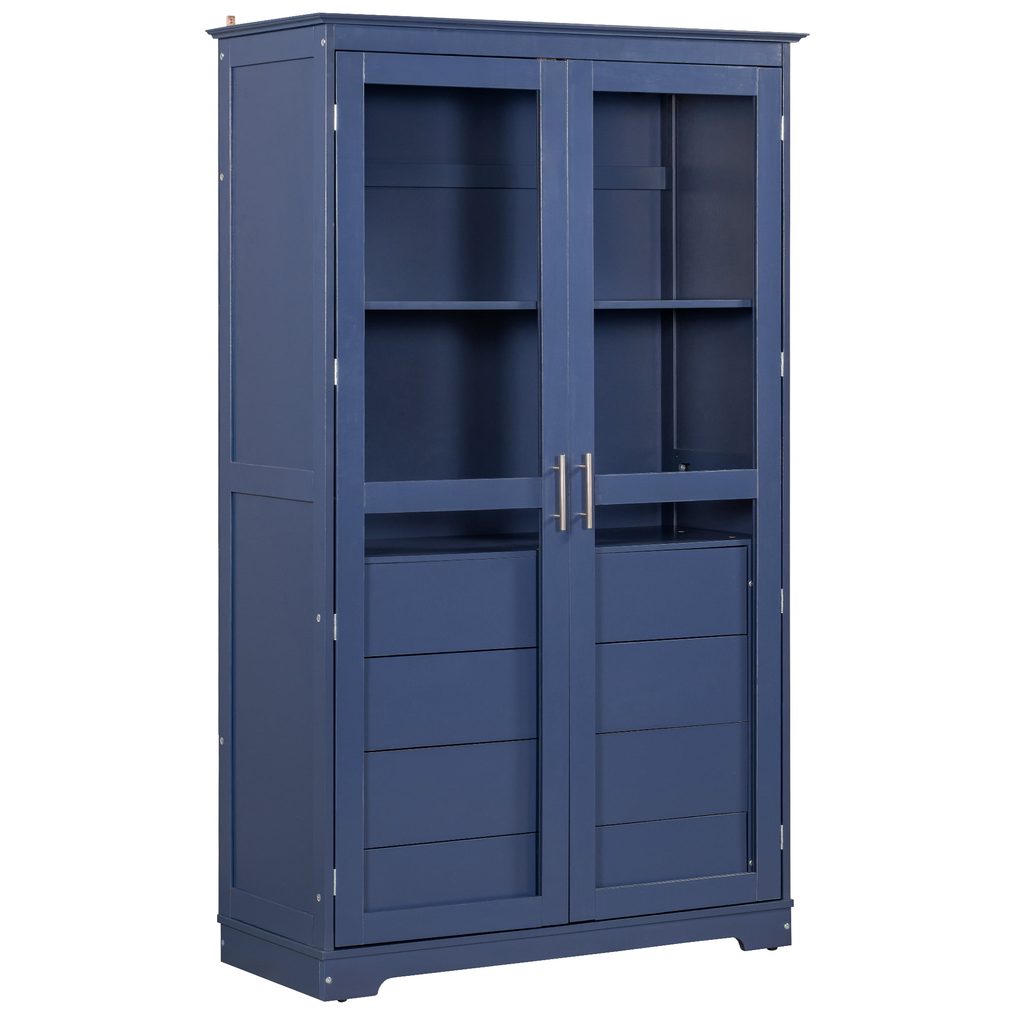 Euroco Extra Large Solid Pine Wood Kitchen Pantry Cabinet with Glass Doors, 4 Drawers & Adjustable Shelf, Freestanding Storage Cabinet – 44.7"W