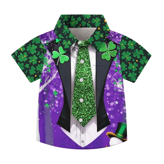 LEKWK Boys St. Patrick's Day Shirt Faux Leprechaun Vest Graphic Short Sleeve Button Down Top Novelty Irish Costume