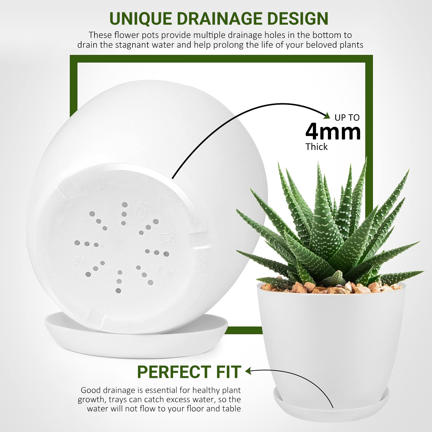 Foukus 5-Pack White Plastic Plant Pots with Drainage, White photo 3