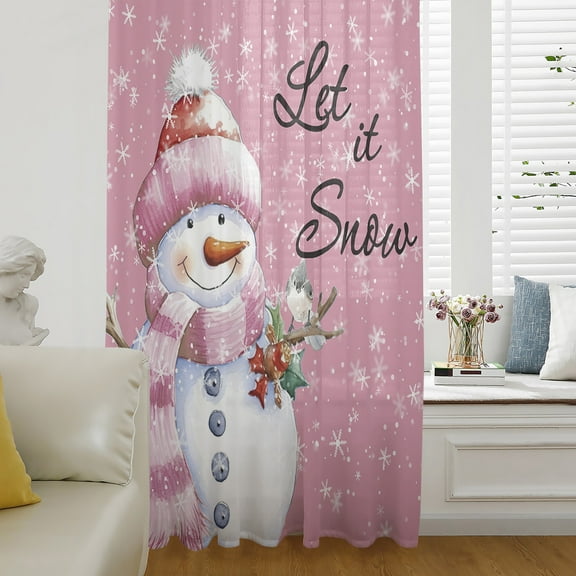 Pink Christmas Snowman Semi Sheer Curtains Drapes for Living Room, Bedroom, French Doors Window 72 Inches Long, Xmas Birds Winter Snowflake Rod Pocket Chiffon Curtain Drapery Voile Draperies Panel