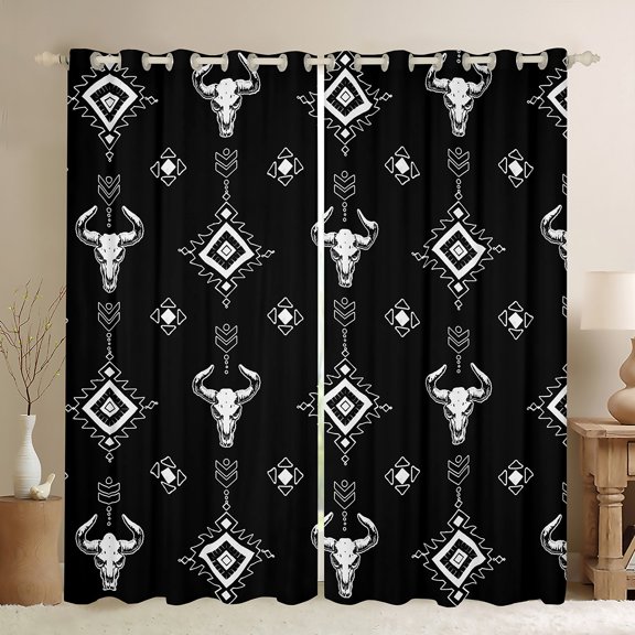 Feelyou Bohemian Aztec Teen Blackout Curtains Set of 2 (52x84 Each), Rustic Sheep Skeleton Window Curtains, Vintage Western Fashion Curtains and Drapes, Black Out Curtains Decor