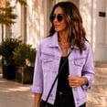 thumbnail image 4 of Dweltoz Womens 3/4 Sleeve Short Denim Jacket Button Up Lapel Collar Washed Jean Jacket Coat Casual Outing Trendy Coat with Pockets,Purple M, 4 of 6