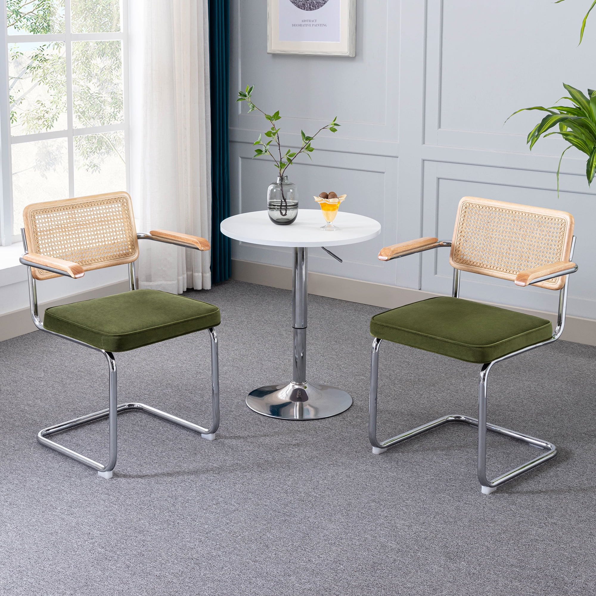 ONEVOG Rattan Dining Chairs Set of 2 Velvet Upholstered Kitchen Chairs Mid Century Modern Dining Room Chairs Olive Green