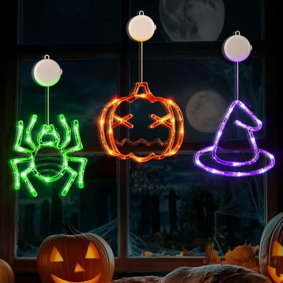 Spooktacular Halloween Delights! 3-Pack Orange Pumpkin, Green Spider & Purple Witch Hat Window Lights - Battery-Powered with Suction Cups, Slow Fade Timer for Eerie Window Decor