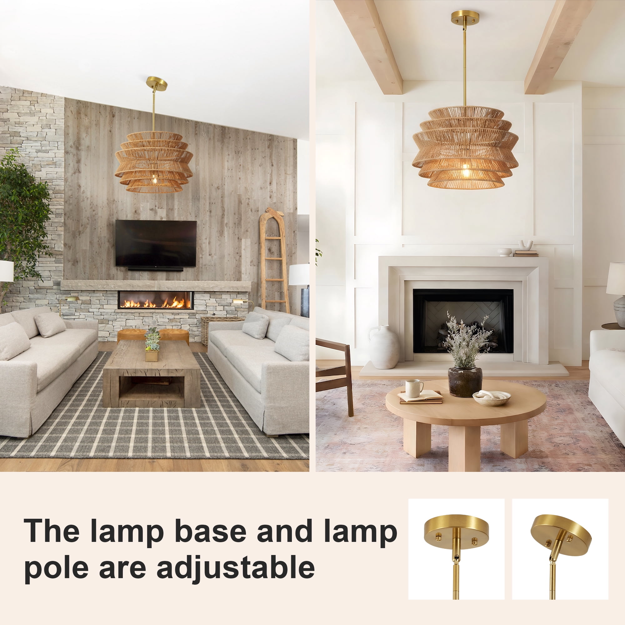 Leumius 17.3" Rattan Pendant Light, Hand-Woven Rustic Wicker Hanging Light Seagrass Ceiling Chandelier, Water Plants Rattan Chandelier for Dining Living Bedroom Kitchen