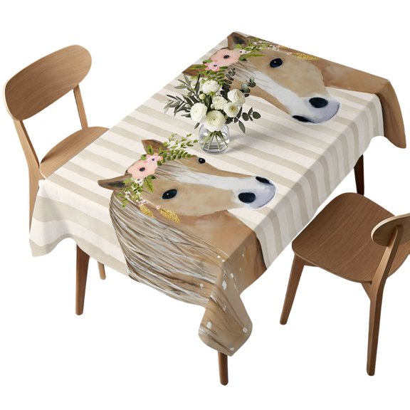 Waterproof Tablecloth Farmhouse Horse with Flower Rectangle Table Cloth 52x70in,Wipeable Washable Table Cover Rustic Retro Beige Stripe Tablecloths for Dining Tables Kitchen Picnic Outdoor Party