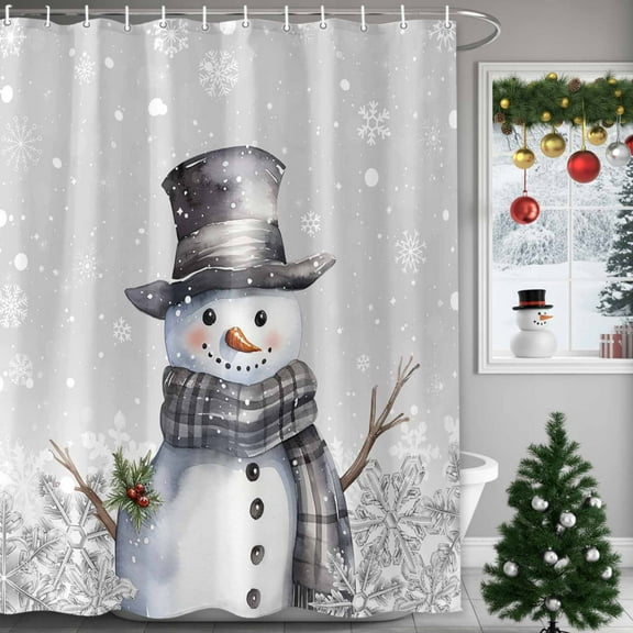 Christmas Shower Curtain Snowman Snowflake Shower Curtains for Bathroom Winter Holiday Xmas Decor, Waterproof Polyester Shower Curtain Set with Hooks, Extra Long 72" x 78" Grey