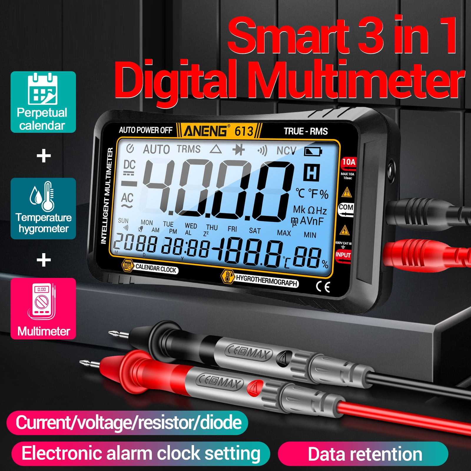 3 in 1 Smart Multimeter Perpetual Calendar Temperature Hygrometer 4000 Counts Digital AC/DC Curent Voltage Resistance Capacitor Tester Professional Test Tools