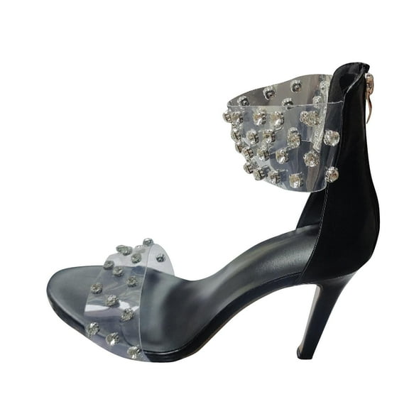 hopeusnice Women's Rhinestone Ankle Strap High Heel Sandals Elegant Dressy Open Toe Clear Strappy Summer Party Dress Shoes Black 42