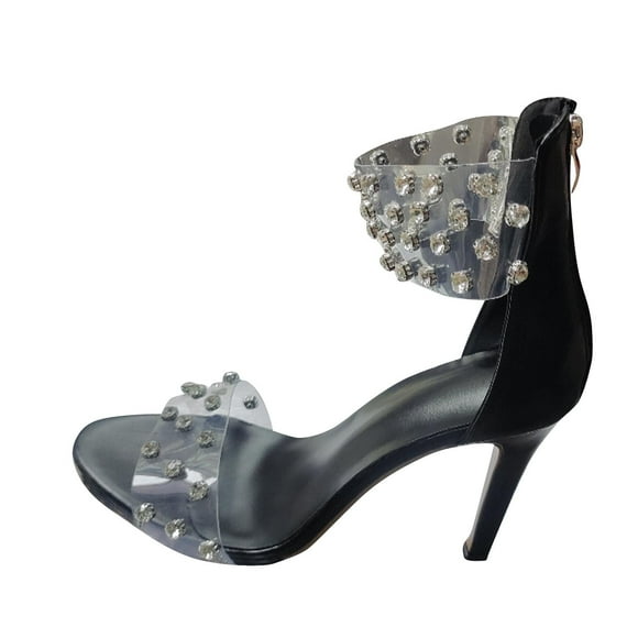 Women High Heeled Shoes Peep Toe Strappy Slender Heel PU Rear Ankle Zipper Shoes Summer Plus-Size Lace-Up Hollowed-Out Short Boots Skinny Black