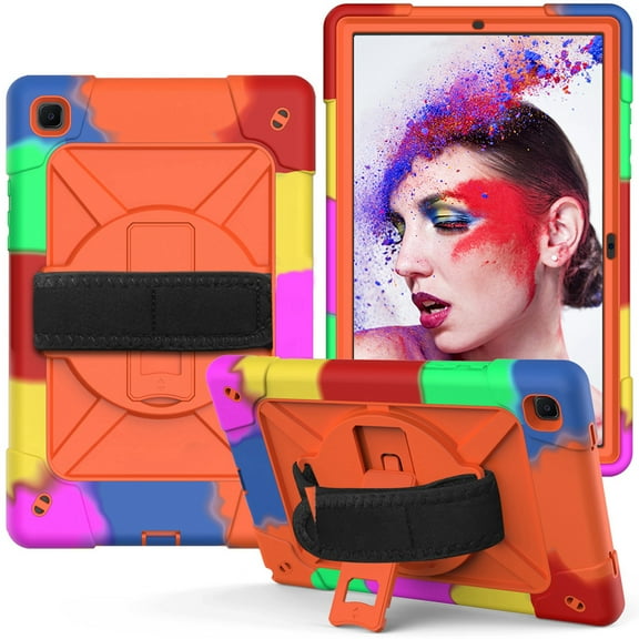 Dteck for Samsung Galaxy Tab A7 10.4" T500 T505 (2020 Released),Shockproof Three-Layer Multi-functional Case Heavy Duty Protector Rubber Hard Back Kickstand Hand Strap Cover,Colour Orange