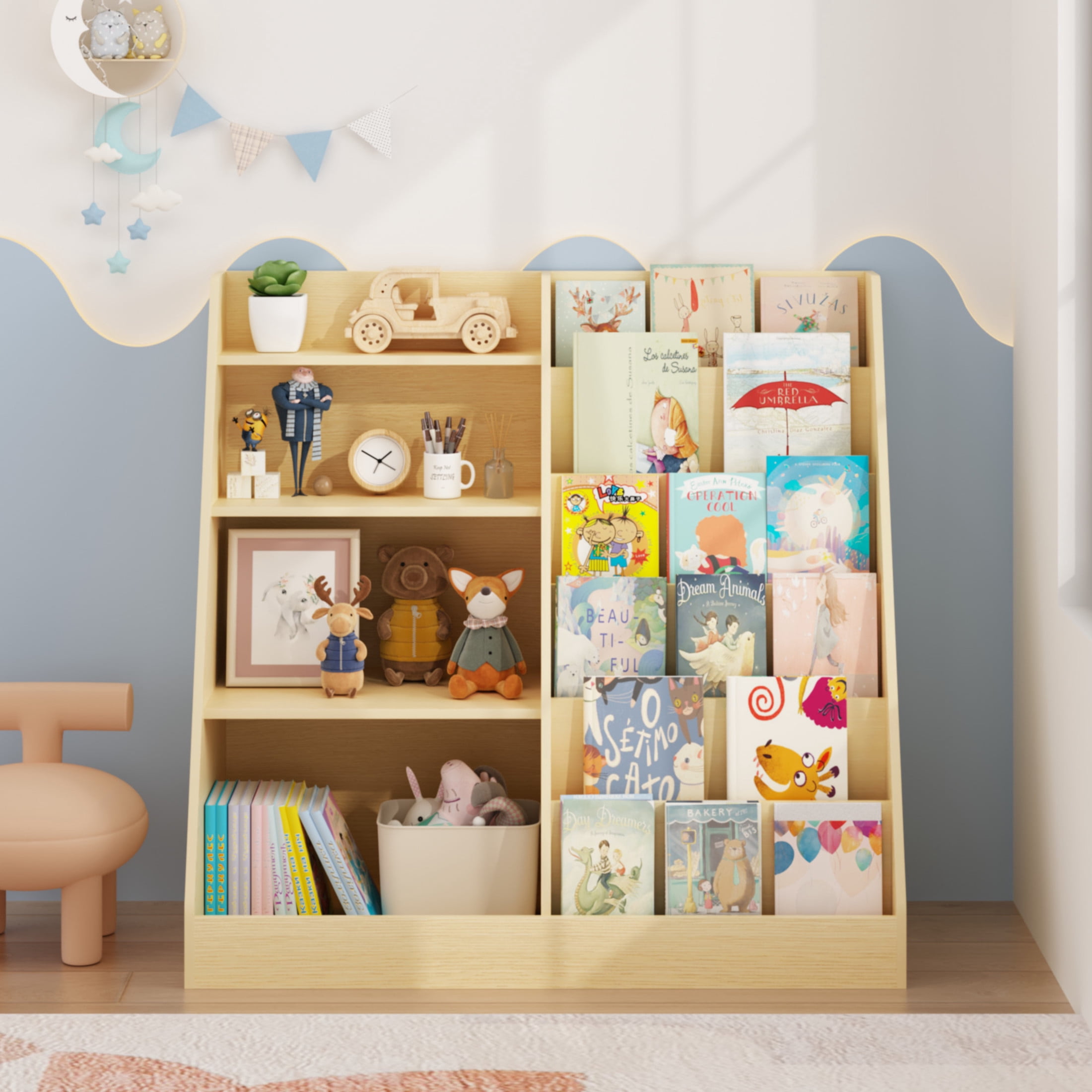 Noble House Kids Bookshelf and Toy Storage Organizer, 4-Tier Wooden Bookcase for Nursery, Playroom, Natural