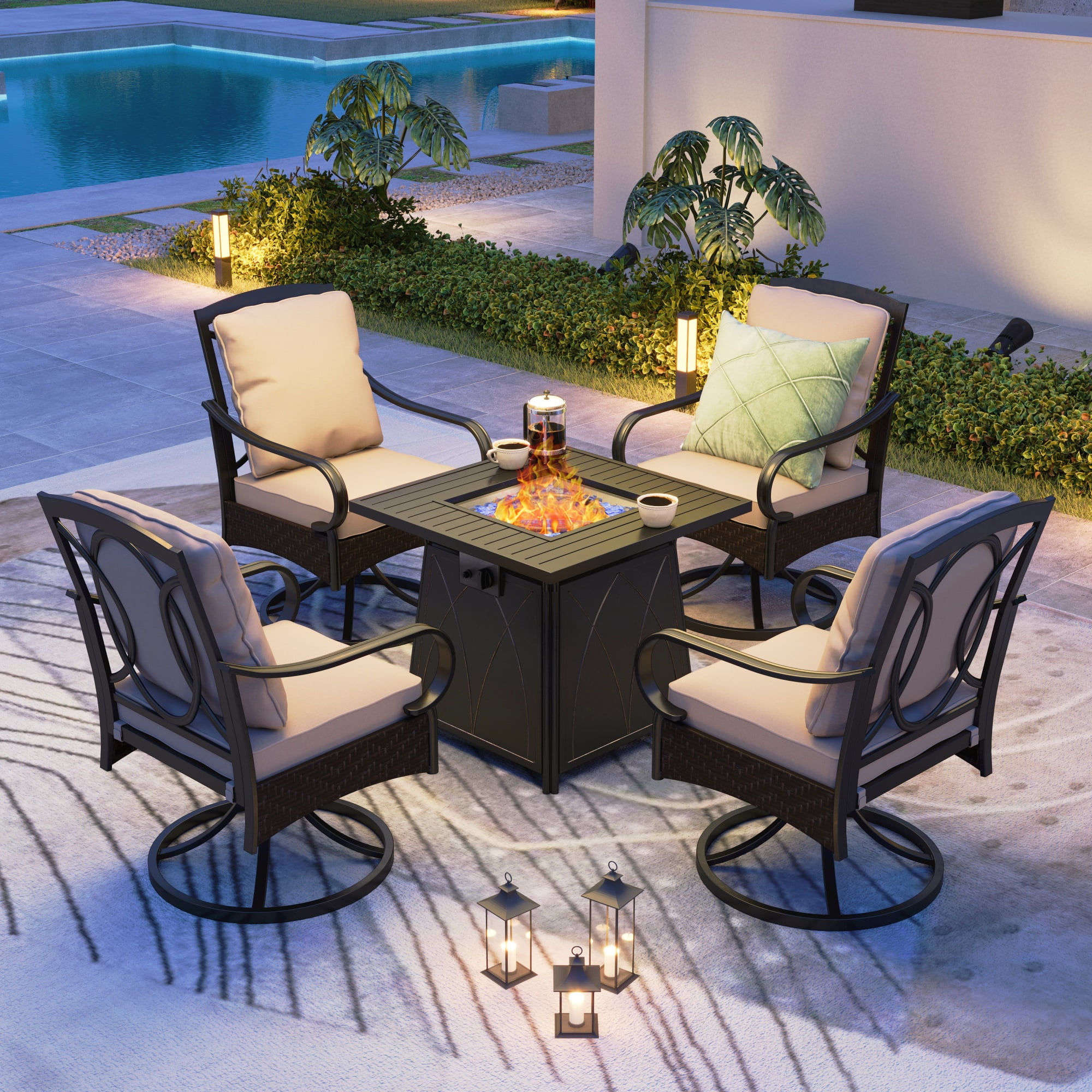MF Studio Outdoor Patio Furniture Set with Fire Pit Table, 5-Piece Outdoor Patio Conversation Set with Fire Pit Table and Swivel Chairs, Black & Beige