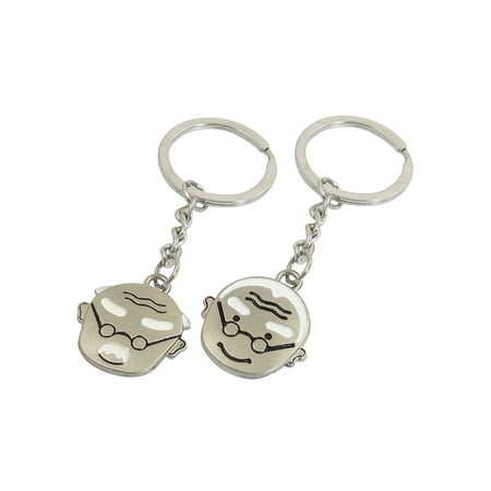 2 Pieces People Head Pendant Handbag Couples Key Rings Keychains Silver