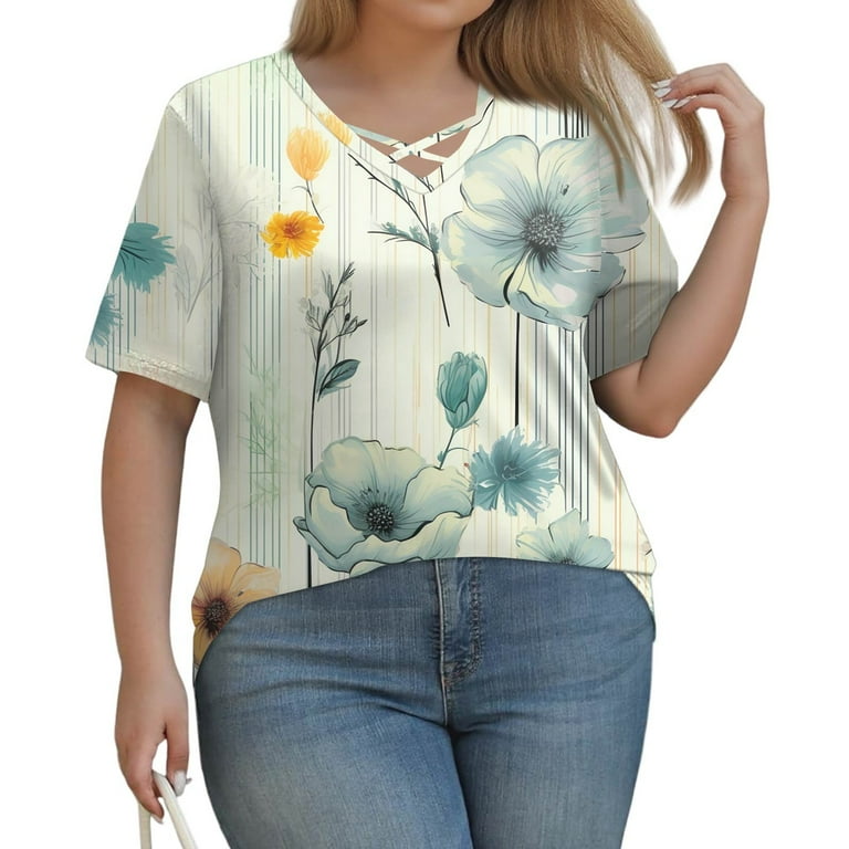 XDDLITP Womens' Plus Size Tops Criss Cross Short Sleeve Top Floral