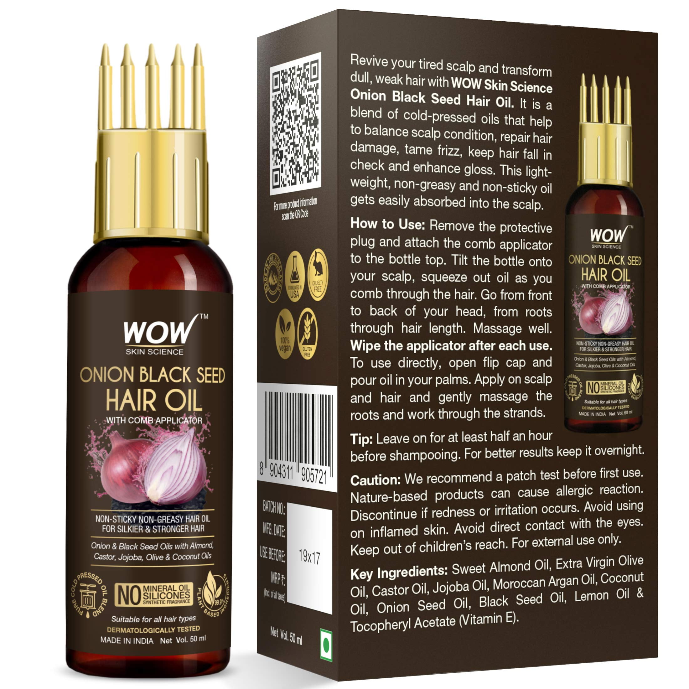 Wow Skin Science Onion Hair Oil For Hair Fall Control & Helps Promote Hair  Growth, With Cold-Pressed Onion Black Seed Oil, No Mineral Oil, Comb  Applicator 50Ml 