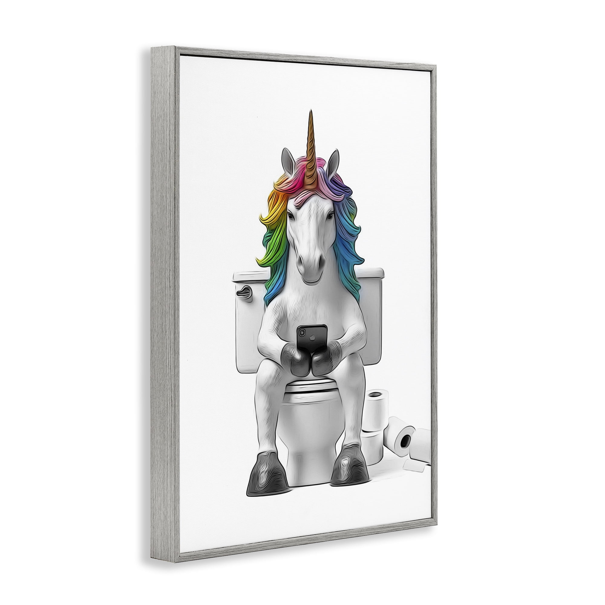 Stupell Industries Unicorn Texting on Toilet Typography Painting Gray Framed Art Print Wall Art, 16 x 24