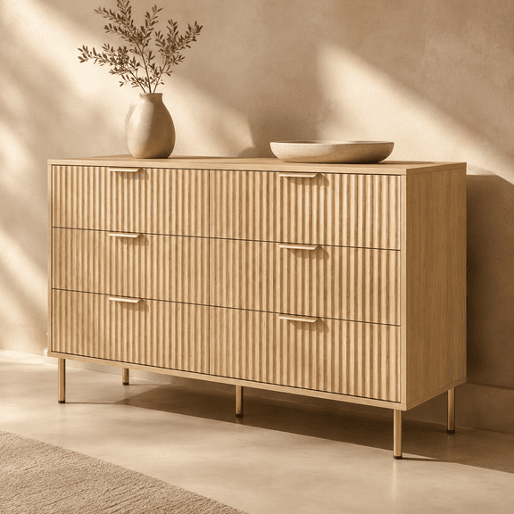 VITALOOM Natural Oak Dresser, 47" Wide 6-Drawer Chest, Fluted Front Bedroom Storage