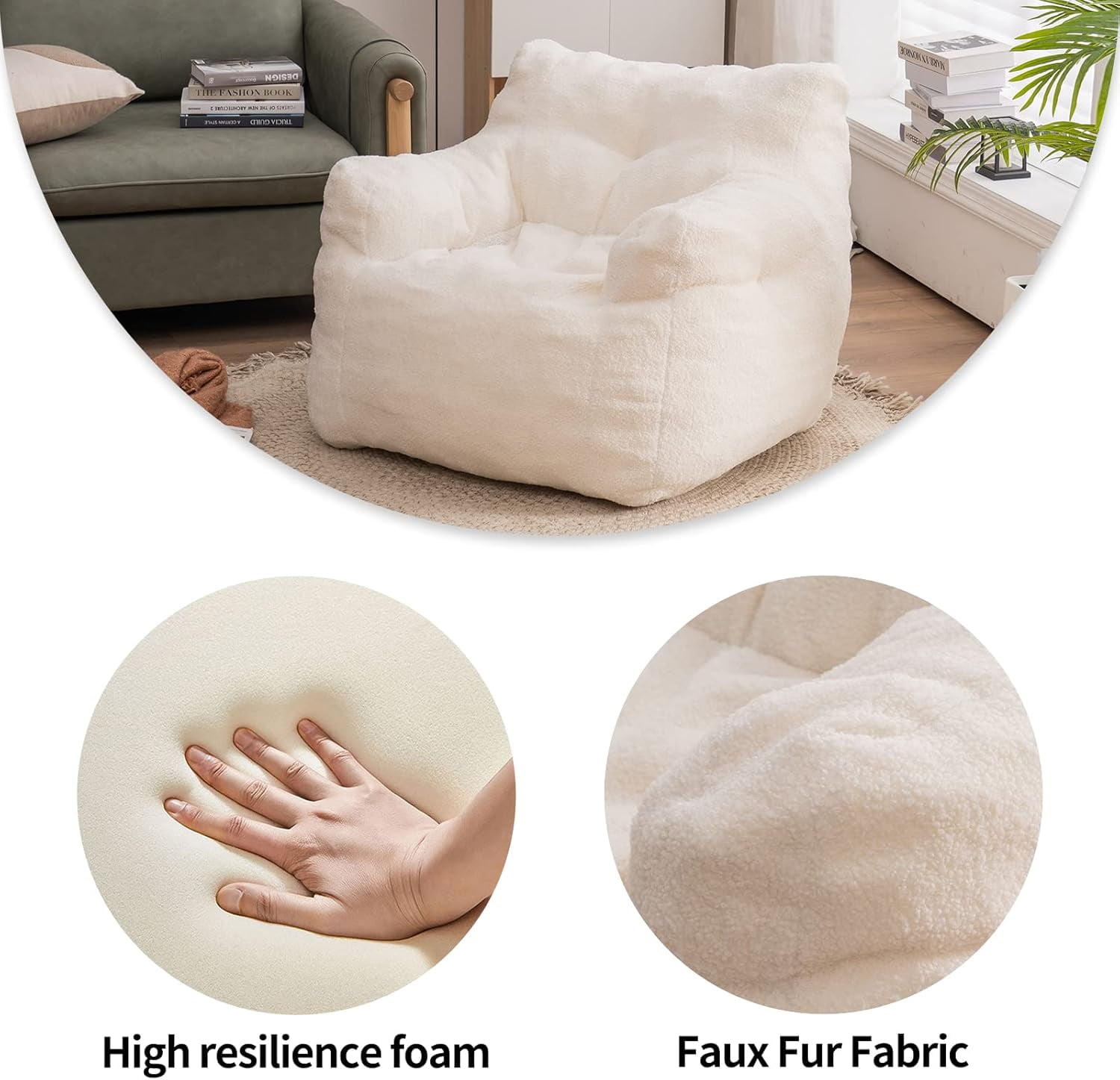 DreamBuck Bean Bag Chairs for Kids and Adults, Big Comfy Chair Sofa for Bedroom Living Room, Large Teddy Fabric Tufted Foam Lazy Bean Bag Chair for Gaming, Reading, White