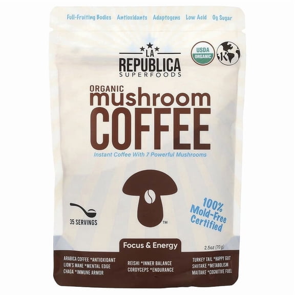 LA Republica, Mushroom Coffee, Instant Coffee   7 Mushrooms, 2.12 oz (60 g) Pack of 2