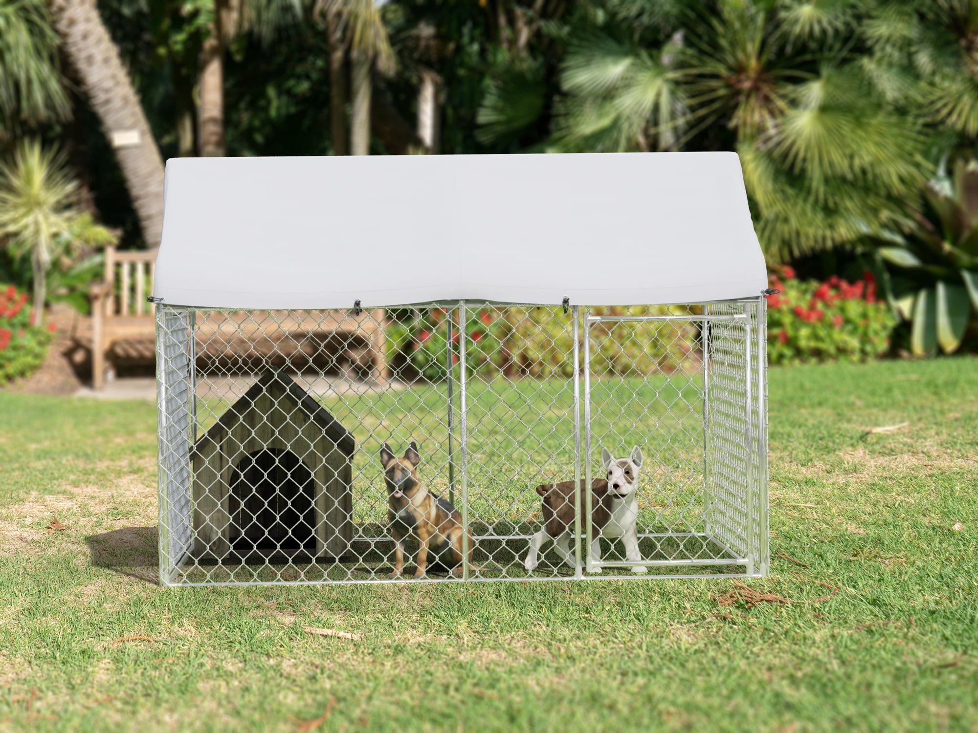 EUNHOO Outdoor Dog Kennel,7'L x 5.9'W x 5.05'H Large Dog Fence Outside with Roof, Metal Wire Dog House for Yard, Dog Enclosure for Big Dog Run